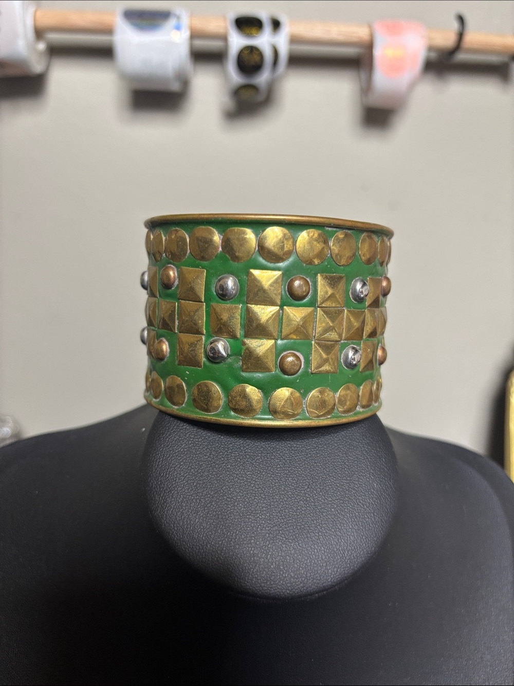 Brass Green Studded Wide Cuff Bracelet - Egyptian Statement